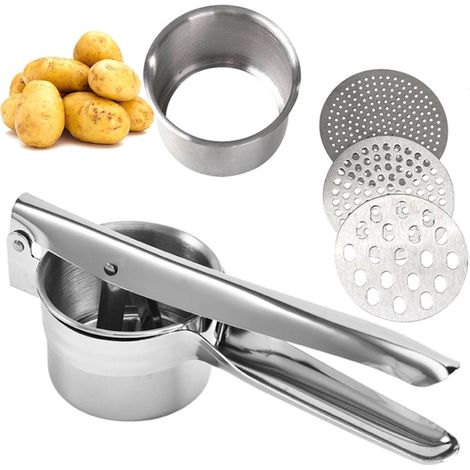 Edelstahl-Kartoffel- & Spätzlepresse, Spaghettieis-Presse mit 3 Locheinsätzen (1/5)