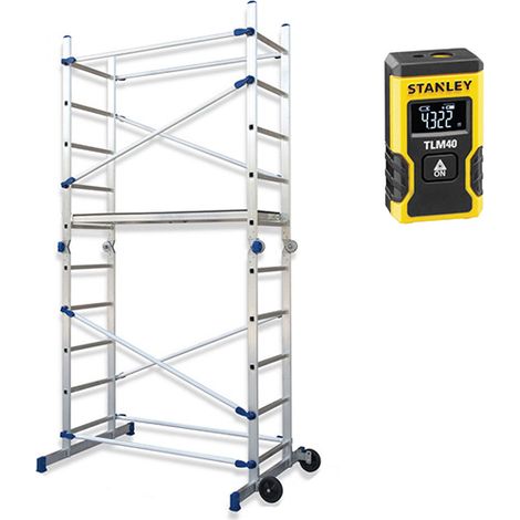 Matisère – Échafaudage pliable 3.78m avec télémètre laser – Plateau antidérapant 1.30x0.46m – Roues Ø 150mm pour déplacement facile – FACPNLASER (1/5)