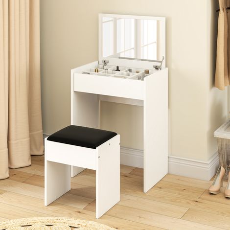 Table de toilette moderne avec miroir rabattable, coiffeuse blanche en MDF intégrant 10 compartiments de rangement, livrée avec tabouret assorti, dimensions 60,2x40,2x79 cm.