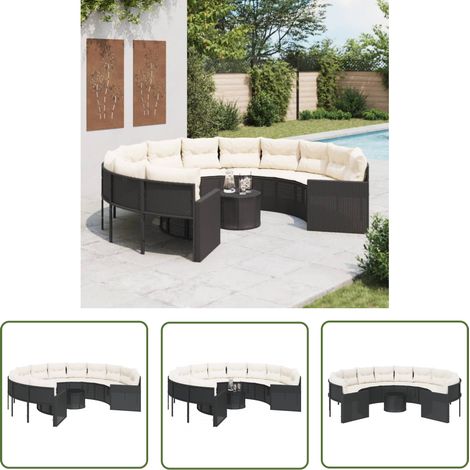 The Living Store Canapé de jardin avec table coussins rond noir résine tressée - Canapé De Jardin - Canapé Rond - Mobilier De Jardin - Salon De Jardin - Set De Jardin (1/5)