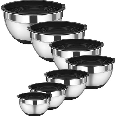 Lot de 7 Bols Mélangeurs Inox - Acier Inoxydable Empilables avec Couvercles Hermétiques - Set Cuisine pour Préparation et Conservation - Dimensions 14 à 26 cm (1/5)