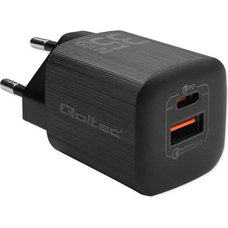 Qoltec 35W GaN ULTRA Wandladegerät 5-20V 2,25-3A 1 x USB Typ-C PD 1 x USB QC 3.0 Schwarz (1/5)
