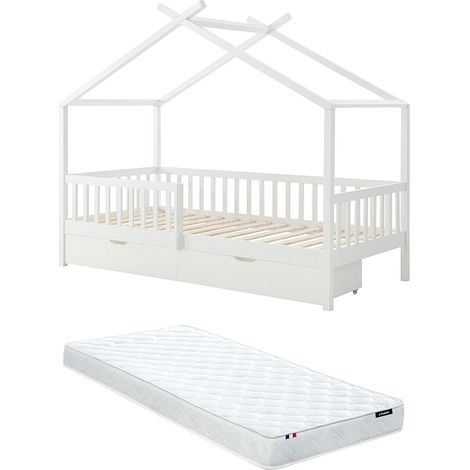 Letto a capanna 90 x 190 cm con cassetti Abete e MDF Bianco + Materasso - KIRALIO