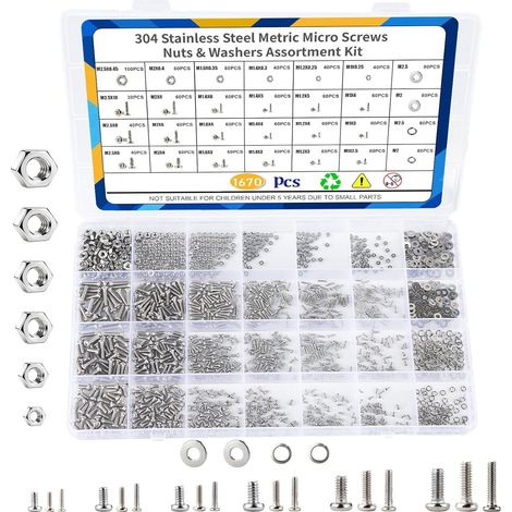 Kit de Micro Vis Inox 304 1670 Pièces, Assortiment de Vis Métriques à Tête Cylindrique Cruciforme avec Écrous et Rondelles, Petites Vis Inox A2-70 Multi-Tailles pour Électronique, Lunettes, Modélisme, (1/4)