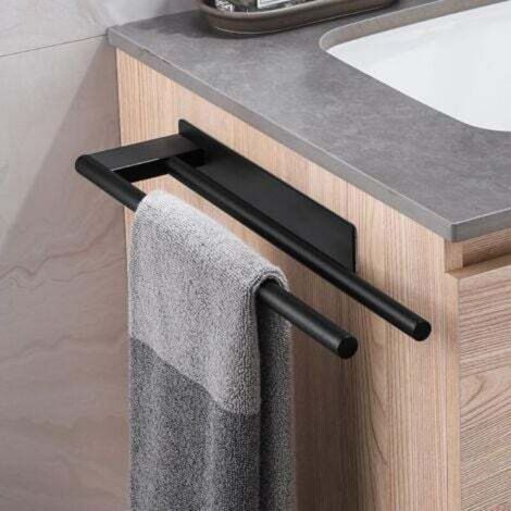 (Black) No-Drill Bathroom Towel Rack in 304 Stainless Steel, Double Adhesive Towel Holder with Two Arms, Wall Mount (1/5)