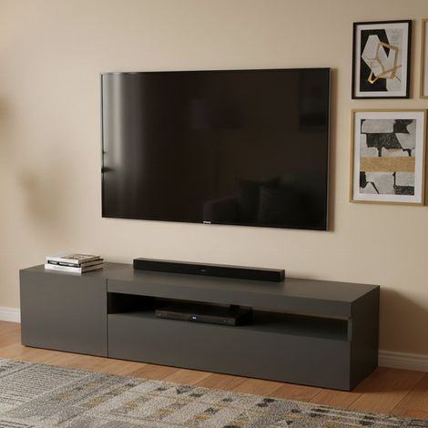 Dmora Soporte para TV para salón, Made in Italy, Soporte para TV de 2 puertas, Soporte para TV para salón, 150x40h37 cm, color antracita brillante, con embalaje reforzado (1/4)