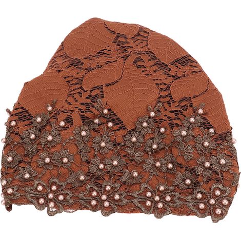 Turban Head Wraps Vintage Embroidered Soft Lace Material Beaded Fleece Hair Hat for Women Daily UseCaramel Color (1/5)
