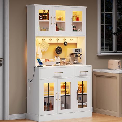Credenza da cucina in MDF bianco con 6 ante, 2 cassetti e LED, 180 x 100 cm, ripiani regolabili (1/5)