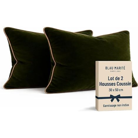Soft Velvet Cushion Covers with Contrast Piping, Cushion for Sofa, Bed, and Decoration for Living Room and Bedroom (Green and Camel, 50 x 50 cm)