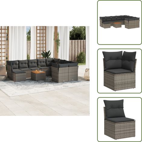 11-tlg. Garten-Sofagarnitur mit Kissen Grau Poly Rattan - Gartenmöbel Set - Lounge Möbel - Rattan Gartenmöbel - Outdoor Möbel - Esstisch Set (1/5)