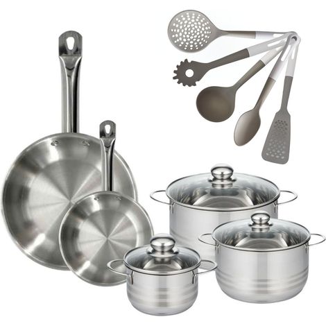Lot de 2 Poêles en inox 20/28 cm Fackelmann Eterna avec 3 Faitouts 16/20/24 cm et 5 ustensiles (1/5)