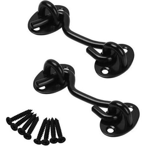Lot de 2 loquets de porte de cabane en acier inoxydable en forme de crochet avec vis de 7,6 cm (3 pouces), pour portes de cabanon et de garage, noir (1/5)