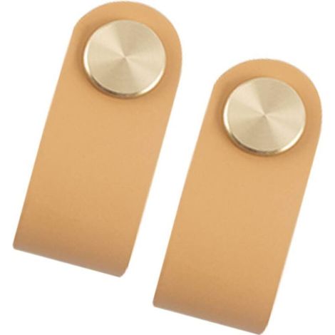Set of 2 brass and khaki leather cabinet door handles, 65 mm long, with screws, suitable for cabinets and kitchens (1/4)