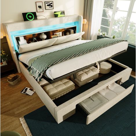 lit adulte rangement 140x200 LED lin beige OKMYHOME (1/5)