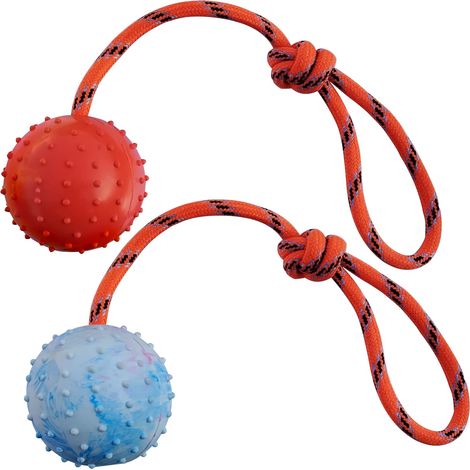 2 Pcs Jouet pour Chien et Chat Balle avec Corde,Boule Creuse en Caoutchouc Naturel pour Attraper, Lancer et Remorquer la Guerre, Pas pour Les Chiens à Forte Mastication (S, Blanc + Rouge) (1/5)