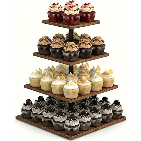 4 Tier Wooden Cupcake Stand, 30 cm 360° Rotation Square Cupcake Tower Stand with Tiers Reusable Cake Stand for Weddings, Birthdays, Births, Halloween, Parties (1/5)