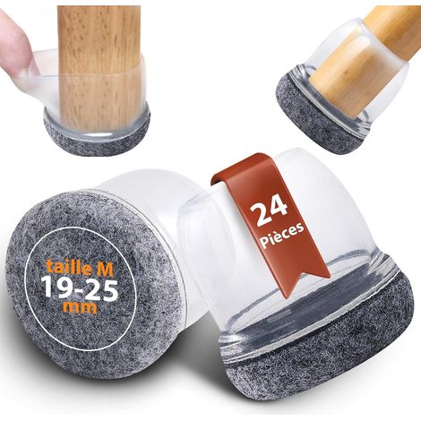 Embouts pour Pieds Ronds 24 Pièces, Diamètre Réglable 19-24mm en Feutre Gris Transparent - Protège-Chaises 360° Antidérapants, Lavables pour Sols & Réduction de Bruit