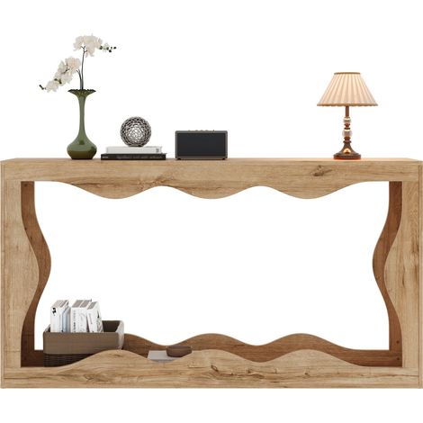 Table console étroite à bord ondulé, étagère ouverte 2 niveaux, effet bois pour entrée, couloir ou derrière canapé, 160,5 cm - CHICFURN (1/5)