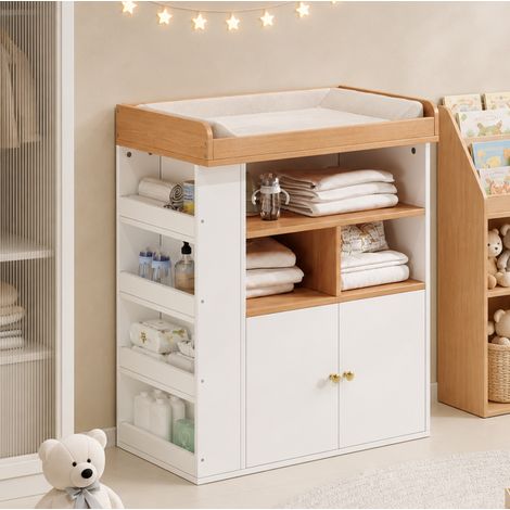 Table à langer bébé 82×50×100 cm en MDF blanc et naturel, rangement 2-en-1 pour chambre – MEUBLIV (1/5)