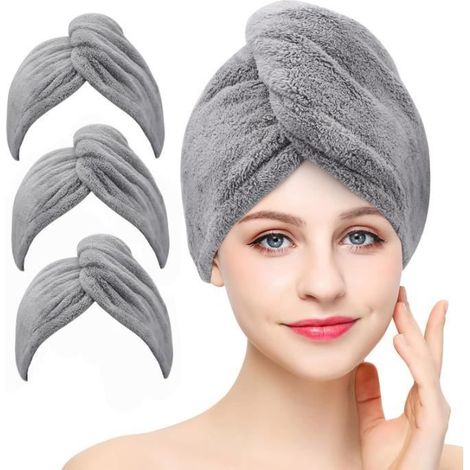 Serviettes de séchage - Non spécifié - Lot de 3 - Microfibre super absorbante - Turban à séchage rapide - Gris
