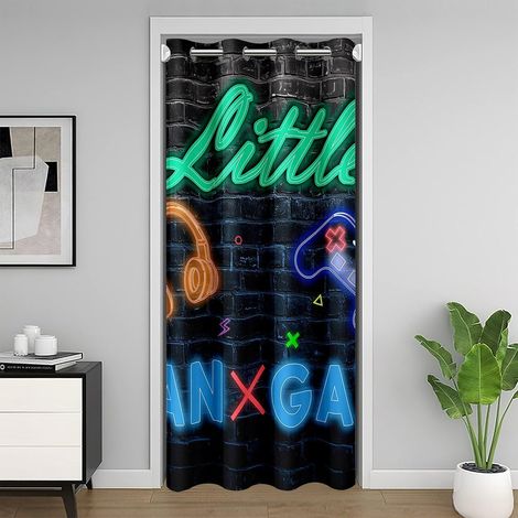 Rideau de Porte Gamepad Rideau Occultant 200x200 Casques de Jeu Rideaux Porte Enfants Garçons Hommes Jeux Vidéo Glitter Cool Bleu Vert Rideaux de Placard - 106L X 203H cm (1 Panneaux) (1/5)