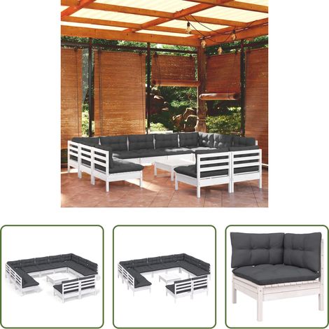 Terrassensofa - 12-tlg. Garten-Lounge-Set mit Kissen Weiß Kiefer Massivholz (1/5)