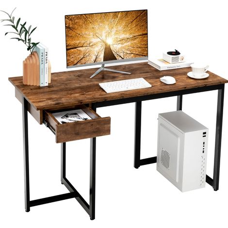 Scrivania per computer 120cm con cassetto, Scrivania per ufficio con struttura in metallo piedini regolabili Marrone (1/4)