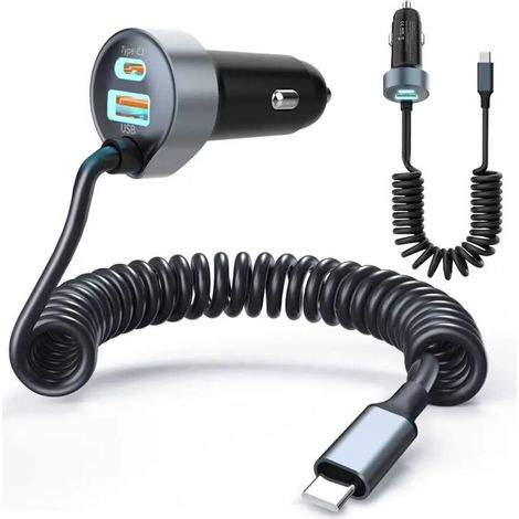 Chargeur de voiture à charge rapide USB-C pour iPhone 16, avec câble USB-C spiralé de 1,5 m et puissance de 65 W, adaptateur pour téléphone - AquaForge (1/5)