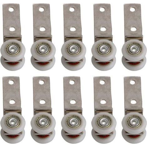 Pack of 10 2.5" x 0.75" angled bearing metal casters with two plastic wheels, suitable for sliding doors, windows and cabinets, 20mm hole spacing. (1/4)