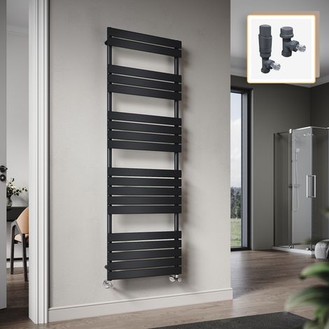Elegant 1800 x 600mm Heated Towel Rail Black Flat Panel Design Tower Hanger, Modern Bathroom Radiator, Wall Mounted Ladder + Anthracite Thermostatic Radiator Valves