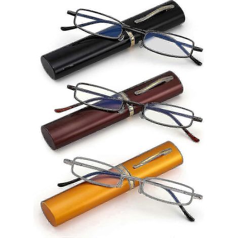 Lot de 3 paires de lunettes de lecture fines et compactes pour hommes et femmes, bloquant la lumière bleue, monture en métal à charnière à ressort et étui avec clip pour stylo intégré. (1/5)