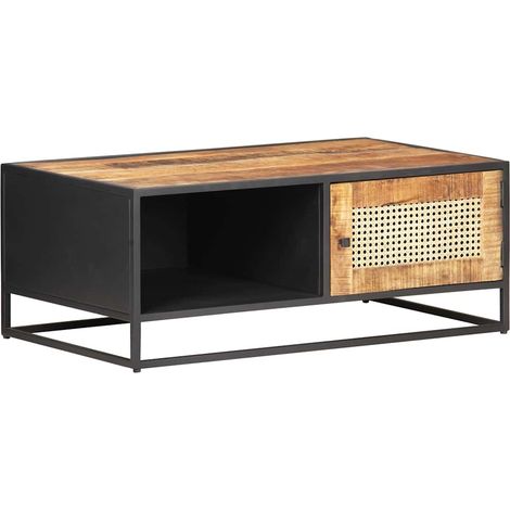 vidaXL Mesa de centro madera de mango rugosa y caña natural 90x50x35cm (1/5)