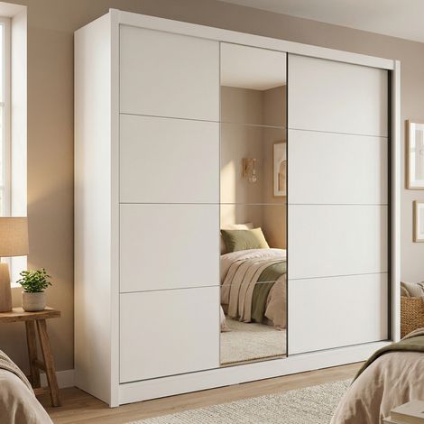 Armario grande Pedavena, armario de dormitorio con perchero, 8 estantes, 12 compartimentos, 251x216h cm blanco mate (1/5)