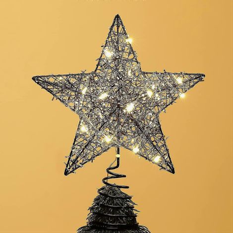 Sternförmige Weihnachtsbaumspitze. Batteriebetriebene sternförmige Weihnachtsbaumspitze mit Timer und dekorativer Lichterkette mit silbernen Streifen. 20 LEDs. (1/5)