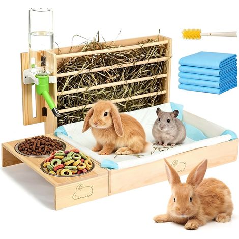 4 in 1 Wooden Hay Feeder for Rabbits, Multifunctional Hay Rack with Toilet, Bowl and Water Bottle, Hay Dispenser for Rabbits, Hamsters, Chinchilla and Small Animals (1/5)