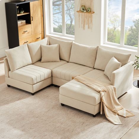 Canapé d’angle modulable beige 5 places en tissu effet lin, canapé L ou U convertible avec pouf mobile, assise confortable avec ressorts ensachés pour salon (1/5)