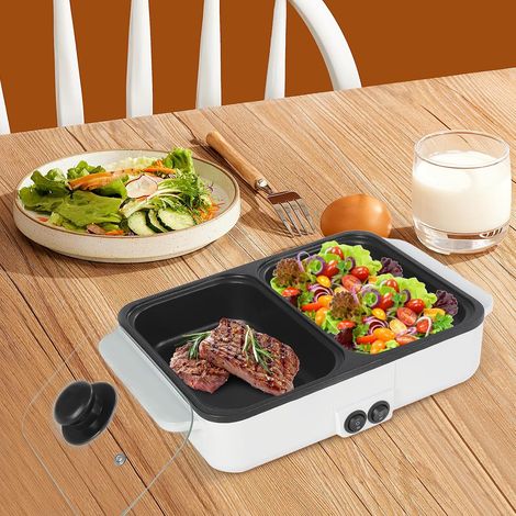 Marmite électrique avec grill et poêle, Marmite Shabu Shabu avec grill, Marmite Shabu Shabu antiadhésive 2 en 1 pour l'intérieur, double contrôle de température, chauffage rapide pour grillades, steak