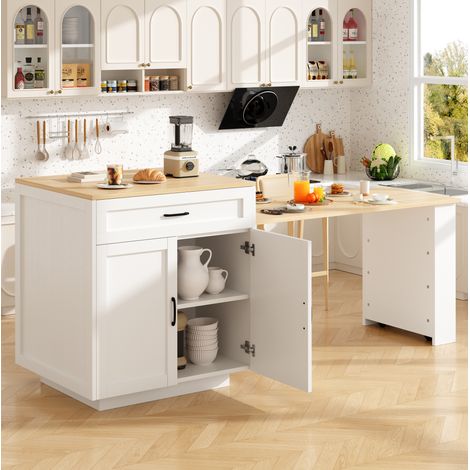 Isla de cocina 133-202x70x93,5 cm de madera blanca extensible FloraGrace (1/5)