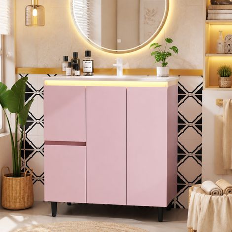 764789cm, freistehender Badezimmerwaschtisch, komplett lackiert, LED-Radarsensorleuchte, Soft-Close-Scharniere, integriertes Waschbecken, hohes Fußdesign, rosa. (1/5)