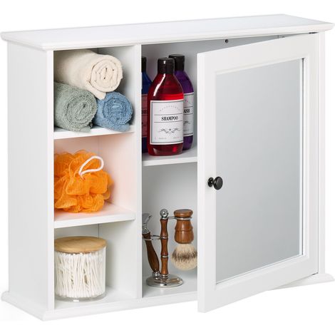 Relaxdays Mobiletto da Bagno Pensile, 3 Ripiani e 2 Scomparti, Armadietto con Anta a Specchio, MDF, 48x60x18 cm, Bianco