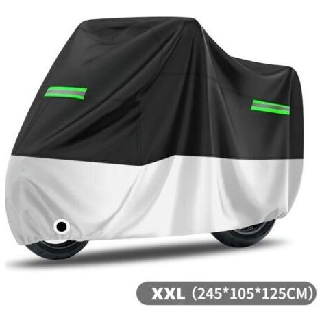 Housse de Protection pour Moto - Tissu Oxford 190T - Imperméable Antipoussière Antigel Antiuve Résistante au Vent - 245 x 105 x 125 cm - Noir Argent avec Bandes Réfléchissantes Vertes (1/4)
