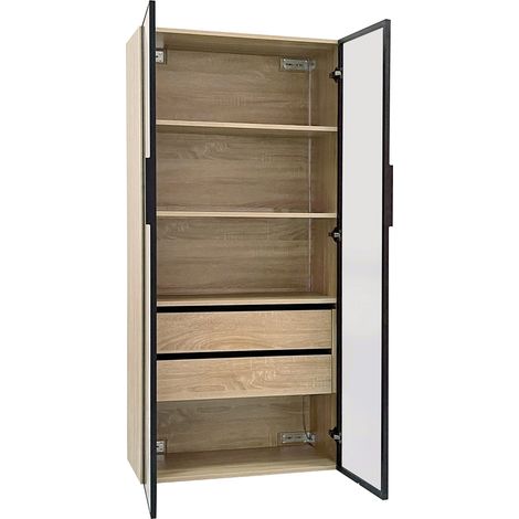 Mueble de baño alto de MDF natural con 2 cajones, 2 puertas de cristal y luz LED, 74 x 36 x 155 cm (1/5)