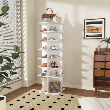 Scarpiera girevole a 360° - 60x60x184 cm - Torre portaoggetti a 7 livelli per 28 paia - Lazy Susan in PVC - Bianco (1/5)