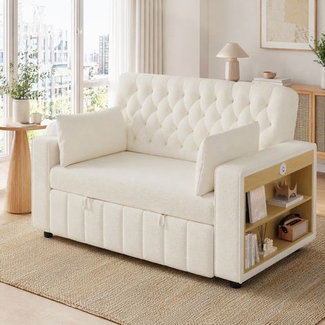 Canapé-lit 2 places avec dossier inclinable, USB et rangement, beige HAVRYA (1/5)