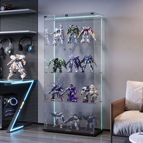 Glasvitrine mit LED - Wohnzimmervitrine, Schlafzimmer - Vitrine mit 2 Türen und 4 Regalen - Weinschrank - Sicherheitsglas - schwarze Vitrine
