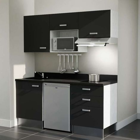 Kitchenette K20L - 180 cm - emplacements frigo, micro-ondes et hotte-Noir-Nero-évier à gauche (1/5)