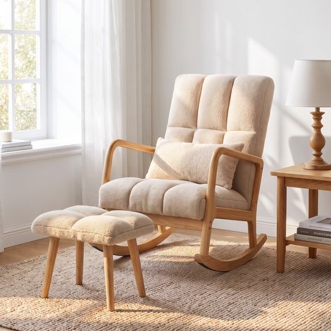 Fauteuil à Bascule avec Repose-Pieds, Rocking Chair en Tissu Bouclette, Pieds en Bois, 64,5 x 82 x 89 cm, Beige (1/5)