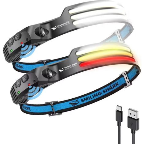 Lampe Frontale, 2 Pièces 230°Angle Large 3LED Bandes Lumineuses Multi-Couleurs Rechargeable et Capteur de Motion Étanche pour le Camping la Randonnée, Lampe-Frontale-LED-Camping-Light [Classe énergéti (1/3)