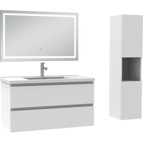 Ensemble meuble de salle de bain 100cm, vasque céramique + colonne haut + LED miroir mural, blanc (1/5)