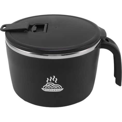 Bols à nouilles en acier inoxydable avec couvercle et égouttoir, support téléphone pour dortoir bureau, 1300ML grande capacité noir (1/5)